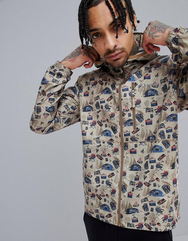 Columbia Flash Forward Hooded Windbreaker Jacket Camping Print Lightweight In Tan - Tan