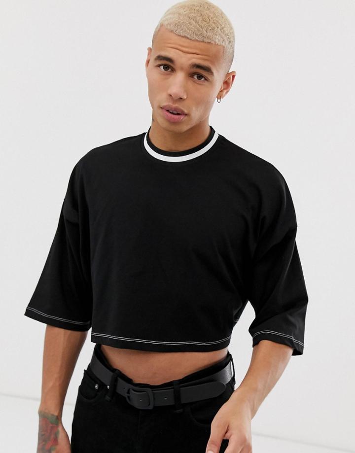 Asos Design Oversized Cropped T-shirt With Contrast Tipping And Stitching In Black