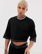 Asos Design Oversized Cropped T-shirt With Contrast Tipping And Stitching In Black