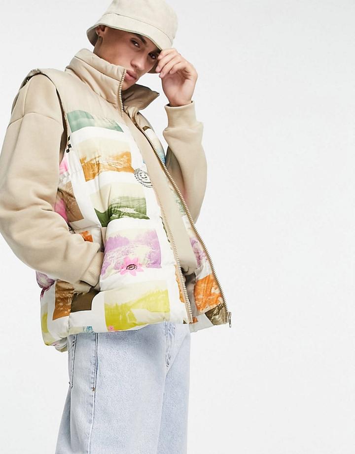 Asos Design Puffer Vest In All Over Print-brown
