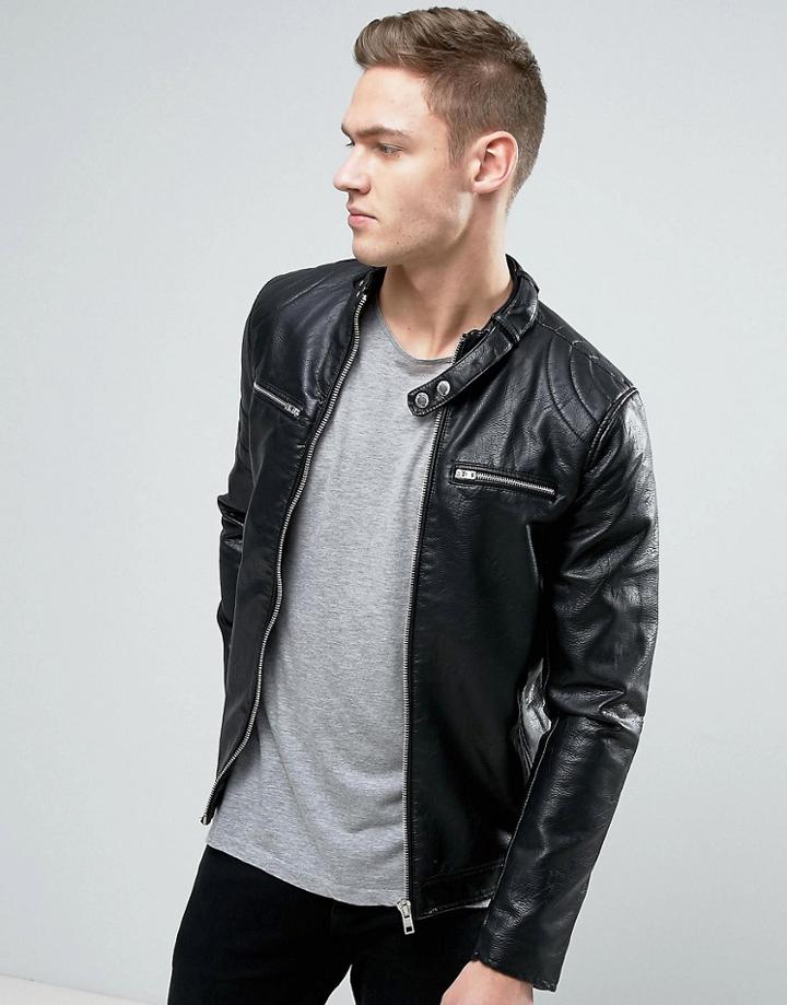 Pull & Bear Faux Leather Biker Jacket With Zips In Black - Black