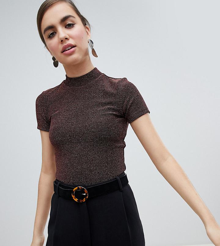 Monki High Neck Glitter Top In Copper - Brown
