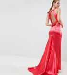 Jarlo Petite High Neck Fishtail Maxi Dress With Strappy Open Back Detail-red