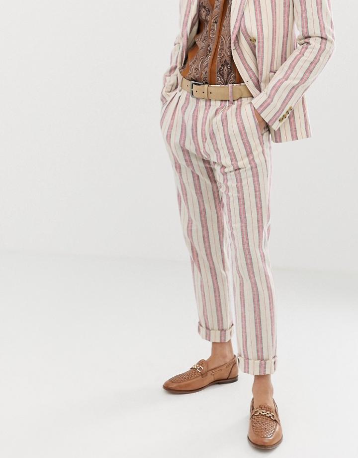 Asos Design Skinny Suit Pants In Cream Linen Stripe-white