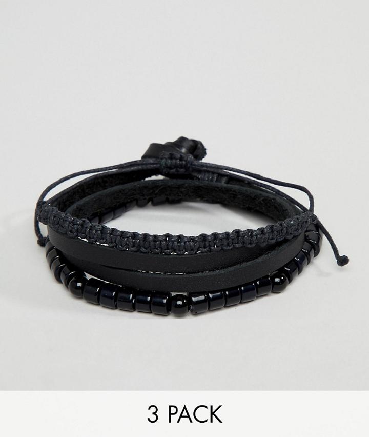 Icon Brand Black Leather Cord Bracelets In 3 Pack - Black