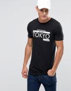 Asos Longline Muscle T-shirt With Tokyo Print In Black - Black