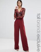 Maya Tall Long Sleeve Jumpsuit With Mesh And Embellished Top Detail -
