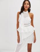 Asos Design Halter Midi Dress In Broderie With Tiered Waist-white