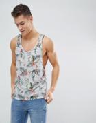 Asos Design Extreme Racer Back Tank With Tropical Floral Print In Linen Look Fabric - Gray