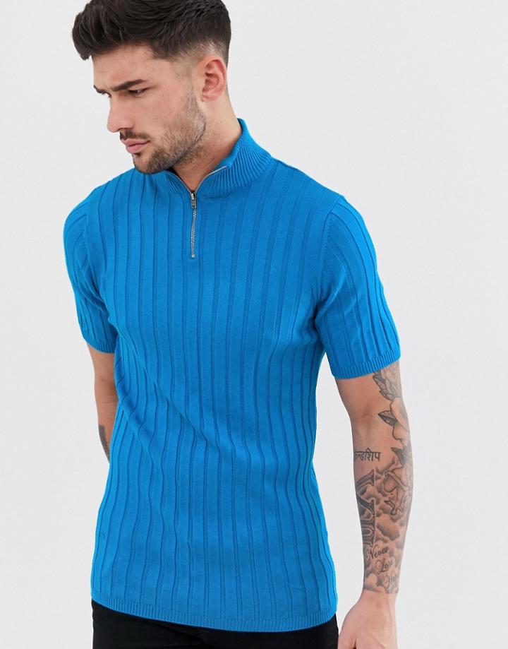 Asos Design Knitted Ribbed Half Zip T-shirt In Neon Blue - Blue