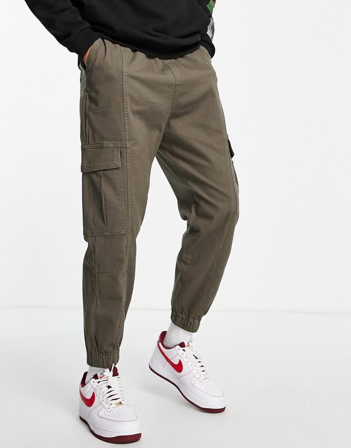 Bershka Belted Cargo Pants In Khaki-green