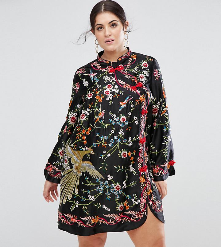Asos Curve Embroidered Mandarin Collar Mini Dress - Multi