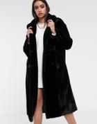 Asos Design Plush Faux Fur Maxi Coat With Seam Detailing In Black-pink