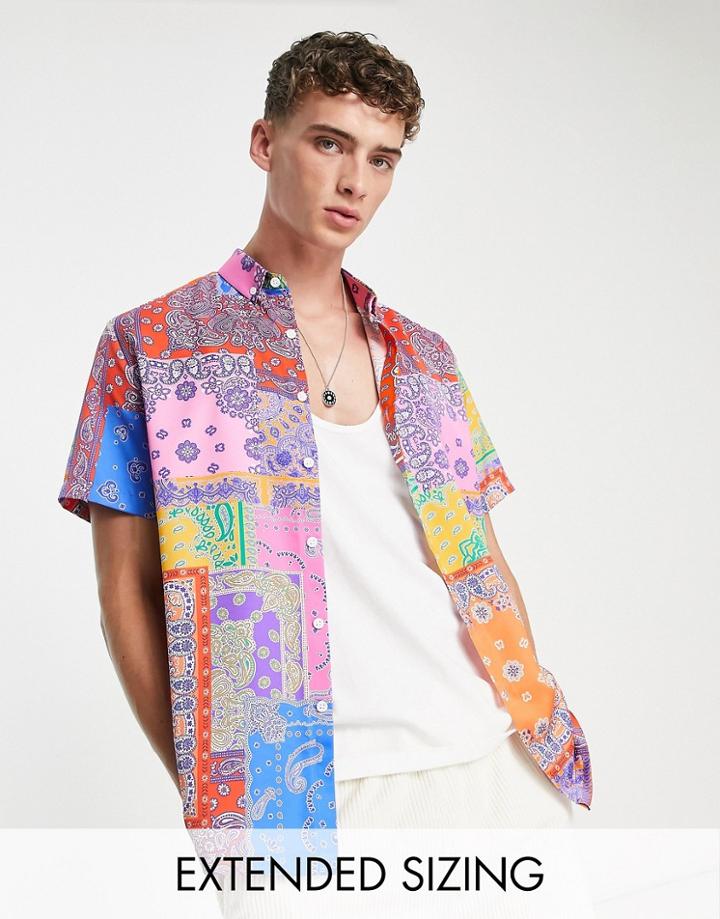 Asos Design Relaxed Button Down Satin Shirt In Bright Paisley Bandana-multi