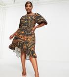 John Zack Plus Square Neck Dress In Swirl Print-multi