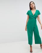 Asos Design Wrap Jumpsuit With Horn Button And Culotte Leg - Yellow