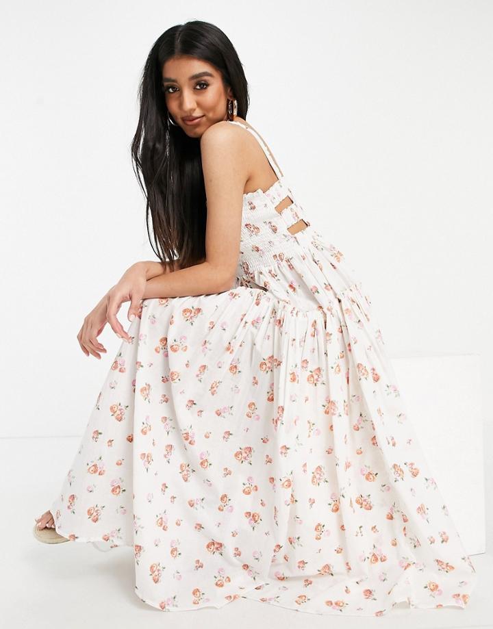 Asos Design Floral Print Cami Sundress With Raw Edges In White-multi
