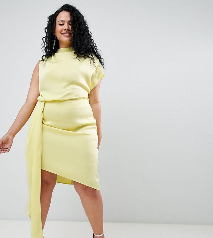 Asos Design Curve Satin Midi Dress With Sash - Green