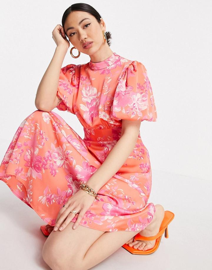 Vero Moda Satin High Neck Midi Dress With Puff Sleeves In Coral Floral-multi