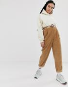 Asos Design Tapered Leg Curve Seam Jeans In Brown Diamond Cord With Plastic Belt - Brown