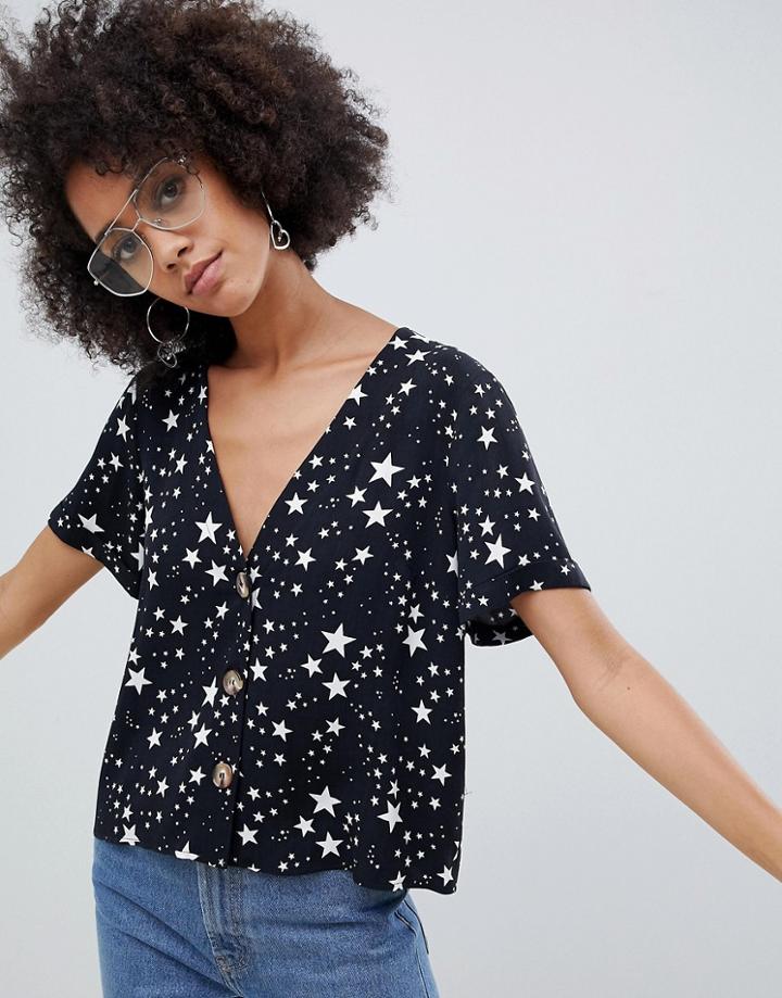 Asos Design Boxy Top With Contrast Buttons In Star Print - Multi