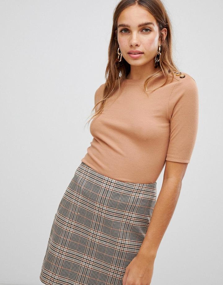 New Look Button Shoulder Tee - Tan