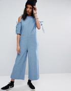 Asos Denim Jumpsuit With Cold Shoulder And Bow Sleeve Detail - Blue