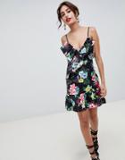 Asos Design Scuba Ruffle Dress In Tropical Print - Multi