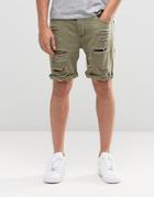 Asos Denim Shorts In Slim Fit With Extreme Rips In Green - Green