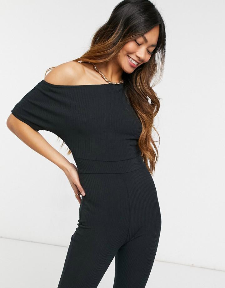 Asos Design Ribbed Off-the-shoulder Jumpsuit In Black
