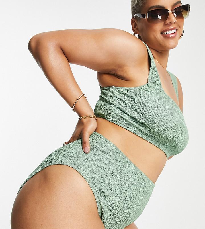 Asos Design Curve Mix & Match Crinkle High Leg High Waist Bikini Bottoms In Khaki-green