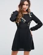 Missguided Embroidered Front Skater Dress - Black