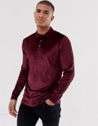 Asos Design Long Sleeve Polo Shirt In Velour In Oxblood-red