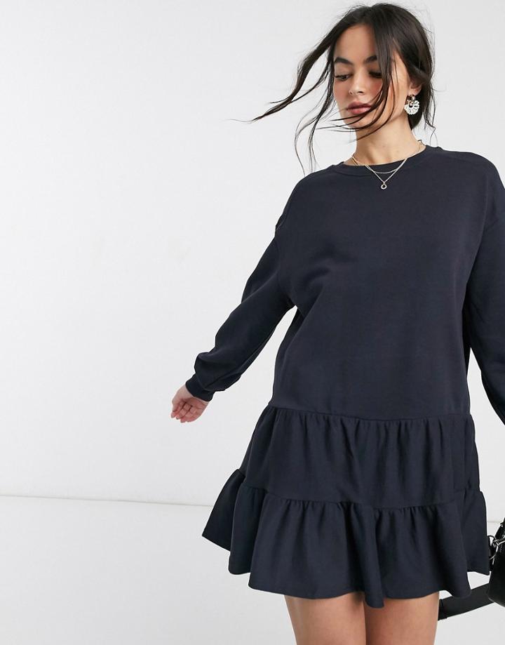 River Island Tiered Smock Sweat Dress In Navy