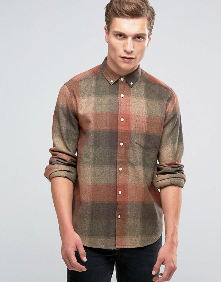 Asos Check Shirt In Herringbone In Rust With Long Sleeves - Orange