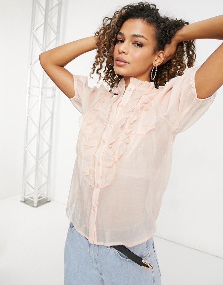 Parisian Ruffle Front Blouse In Beige-pink