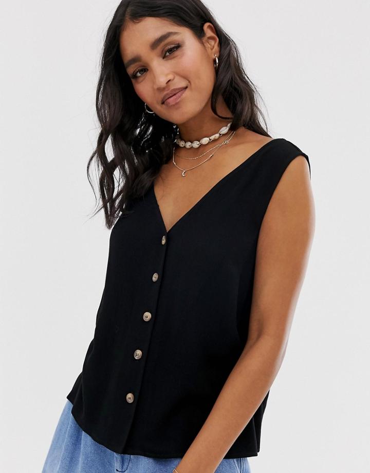 Asos Design Button Through Tank In Crinkle-black