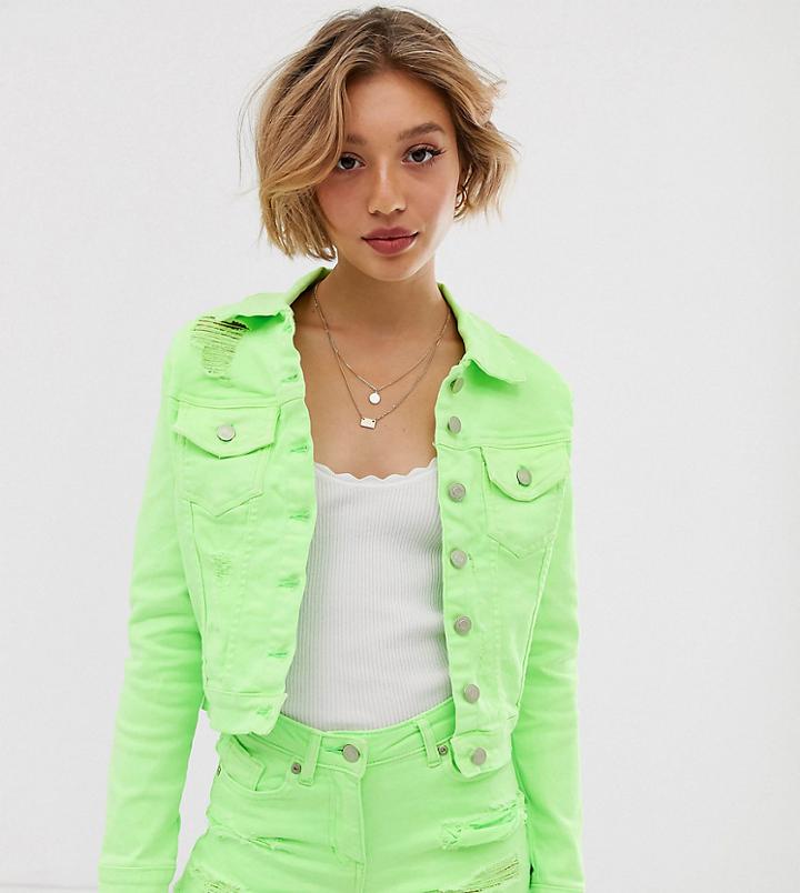 Parisian Petite Denim Jacket In Neon Green - Green
