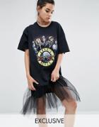 Reclaimed Vintage Oversize Guns N' Roses T-shirt Dress With Tulle Underlay - Black