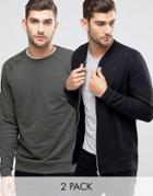 Asos Jersey Bomber Jacket/sweatshirt 2 Pack Black/ Khaki Save 15%