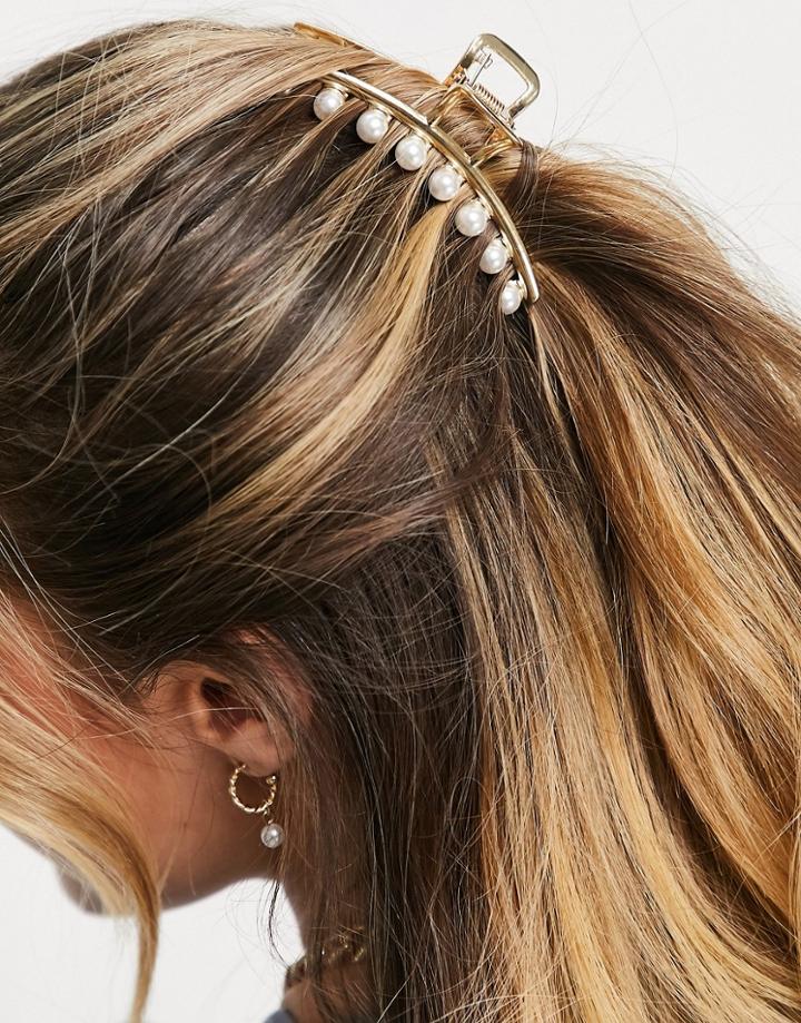 Asos Design Hair Claw Clip With Faux Pearls In Gold Tone