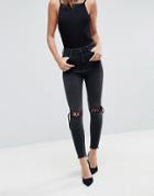 Asos Ridley High Waist Skinny Jeans With Tie Knees In Black - Black