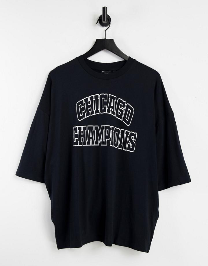 Asos Design Oversized T-shirt In Black Organic Cotton Blend With Chicago City Print
