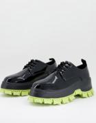 Asos Design Lace Up Shoes In Black Patent With Chunky Cleated Lime Green Sole