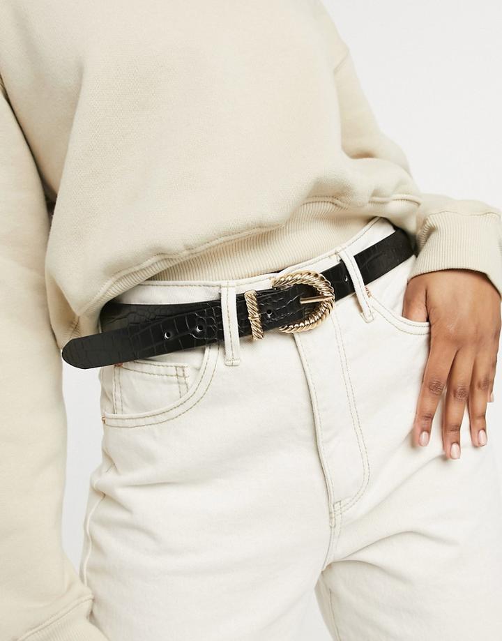 Monki Yoyo Mock Croc Gold Buckle Belt In Black