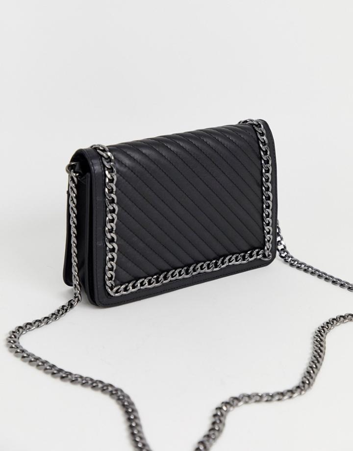 Asos Design Leather Quilted Chain Detail Shoulder Bag-black