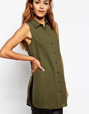 Asos Longline Sleeveless Blouse With Side Splits - Khaki