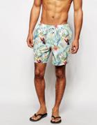 Asos Mid Length Swim Shorts With Tropical Bird Print - Green