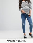 New Look Maternity Over Bump Distressed Knee Jeans - Blue
