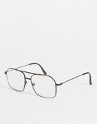 Asos Design Metal Aviator Fashion Glasses With Clear Lens In Black